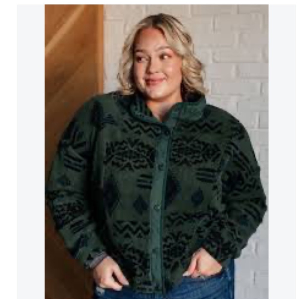 Like Love Green Southwestern Sherpa Fleece Snap Jacket Plus Size 3X FT23-10X